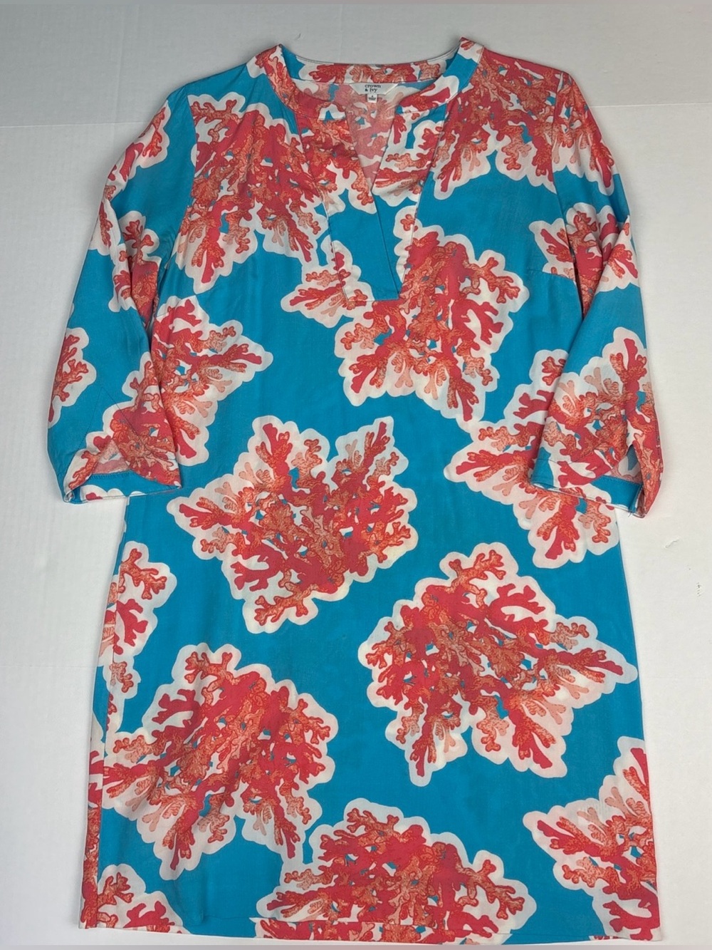 Crown & Ivy Women Size 4 Dress Blue Coral Reef Shift Rayon Light Beach Casual